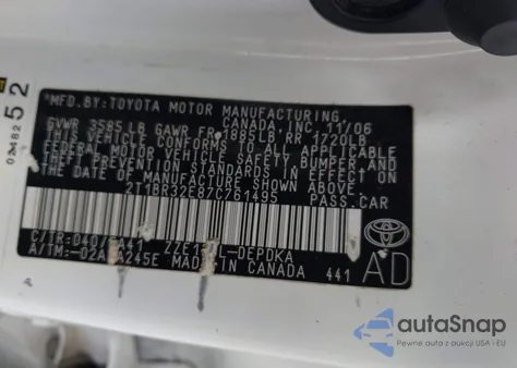 2007 Toyota Corolla Ce из США, поврежденный, VIN 2T1BR32E87C761495